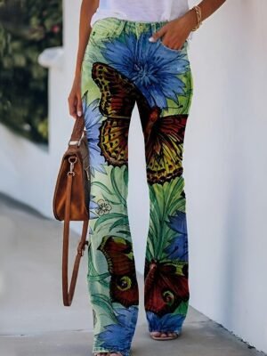 Fashion Flared Skull Flower Mid Waist Full Length Bell Bottom Trousers - Image 14