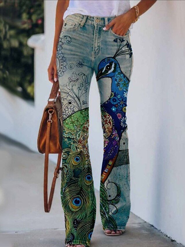 Fashion Flared Skull Flower Mid Waist Full Length Bell Bottom Trousers - Image 2
