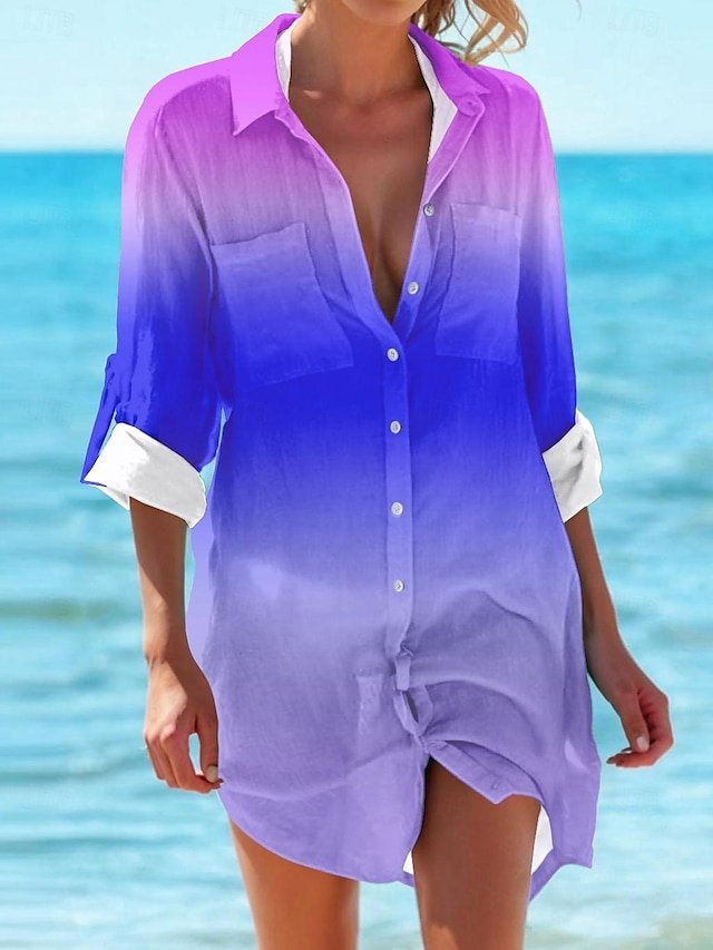 Fashion Flowy Print Shirt Collar Long Sleeve Mini Dress - Image 1