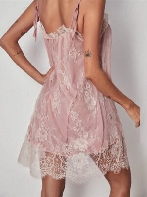 Fashion Loose Pure Colour Lace Strap Sleeveless Mini Nightgown - Image 9