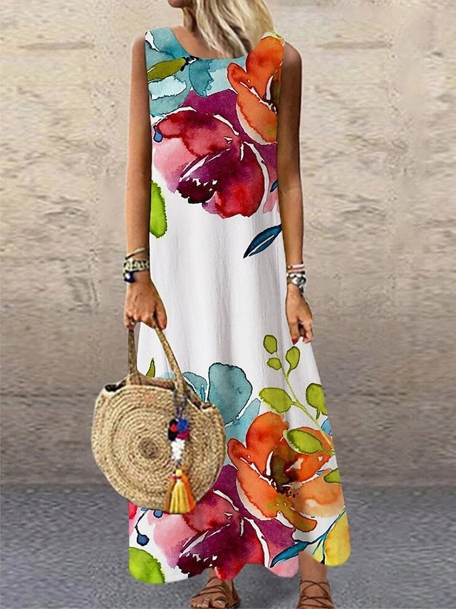 Fashion Regular Fit Floral Crew Neck Sleeveless Maxi Dress - Image 1