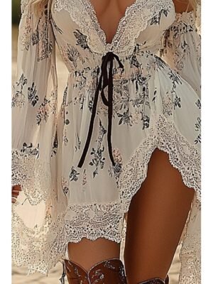Fashion Regular Fit Floral V Neck Long Sleeve Mini Dress - Image 3
