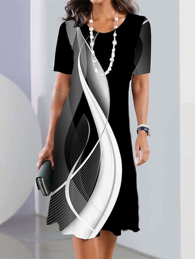 Fashion Regular Fit Geometric Crew Neck Short Sleeve Mini Dress - Image 1