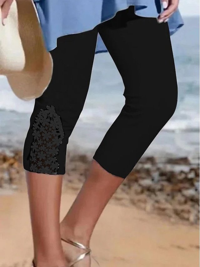 Fashion Slim Plain Lace Tummy Control Calf-Length Capri Shorts - Image 2