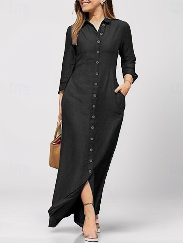 Formal Regular Fit Plain Shirt Collar Long Sleeve Maxi Dress - Image 1