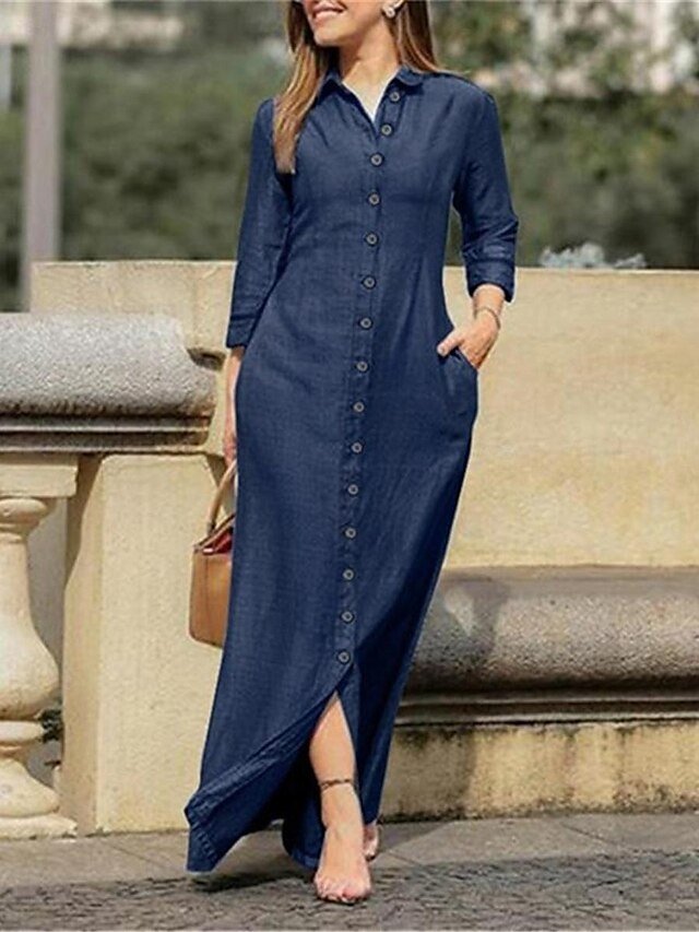 Formal Regular Fit Plain Shirt Collar Long Sleeve Maxi Dress - Image 2