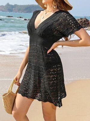 Holiday Relaxed Cut Out Round Neck Short Sleeve Midi Beach Dress - Image 1
