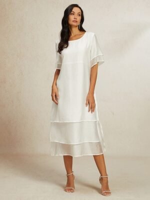 Modern Loose Plain Crew Neck Short Sleeve Midi Dress - Image 6