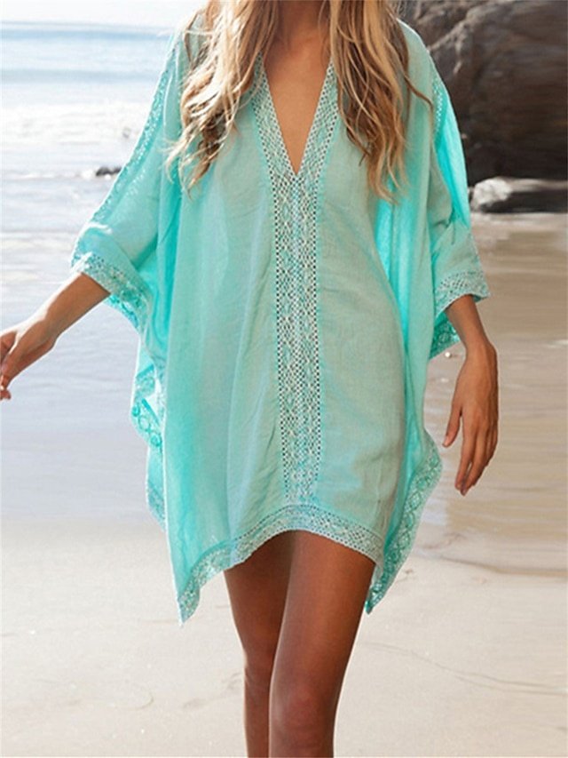 Modern Loose Plain V Neck 3/4 Sleeve Mini Dress - Image 1