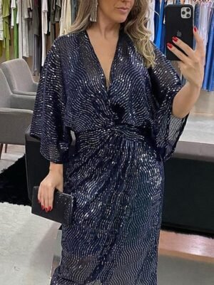 Party Fitted Sequin V Neck 3/4 Sleeve Midi Dress - Image 3