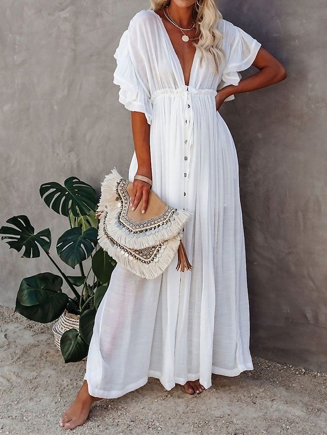 Party Loose Pure Colour V Neck Short Sleeve Maxi Dress - Image 1
