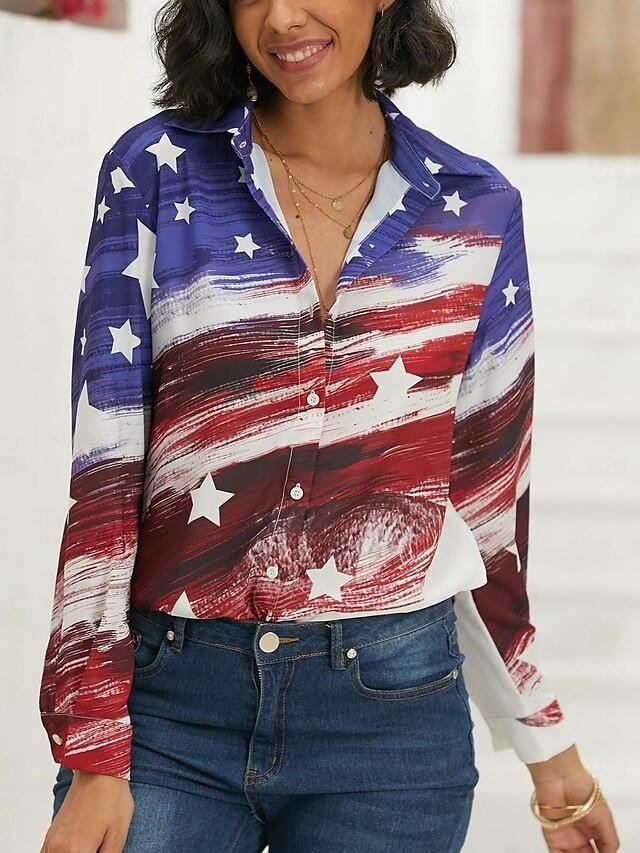 Patriotic Regular USA Flag Button Print Shirt Collar Long Sleeve Casual Shirt - Image 2
