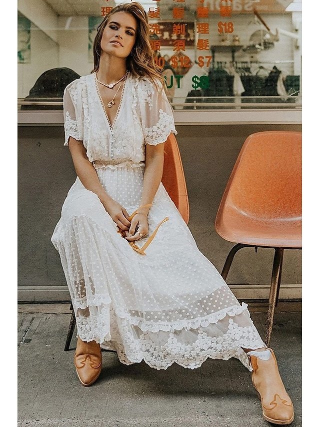 Romantic Regular Fit Lace V Neck Short Sleeve Maxi Dress - Image 2