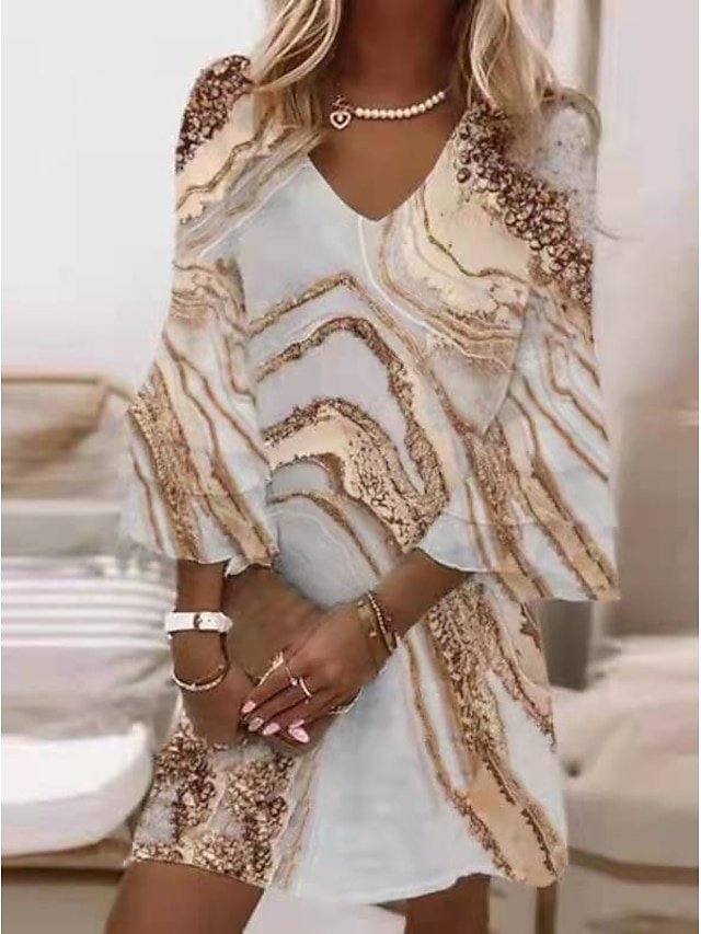 Semi-Formal Regular Fit Marble V Neck 3/4 Sleeve Mini Dress - Image 1