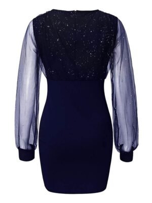 Sexy Bodycon Patchwork V Neck Long Mesh Sleeve Midi Dress - Image 11