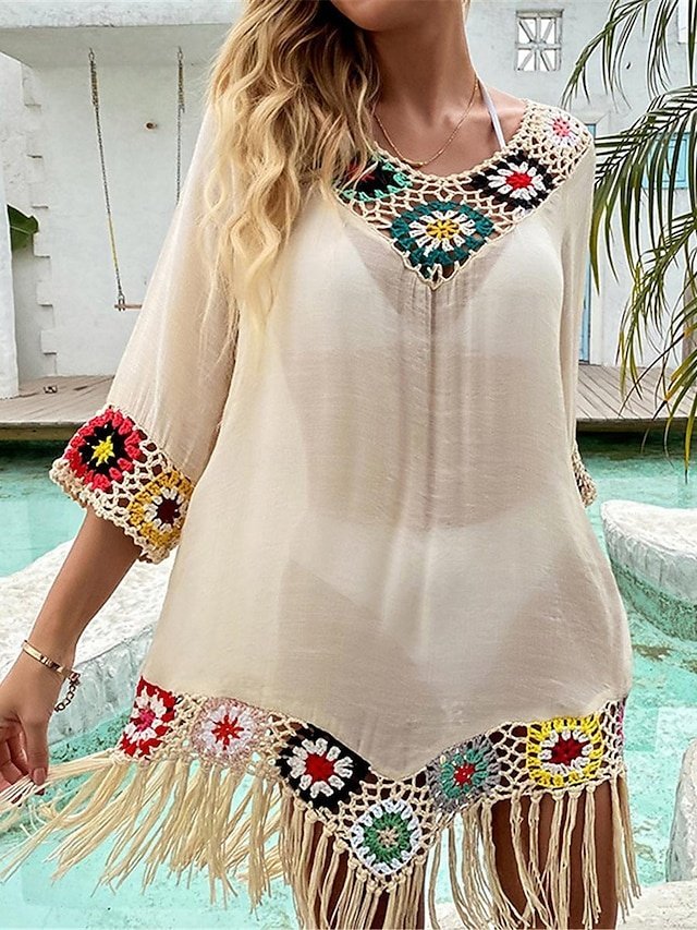 Sexy Boho Patchwork V Neck 3/4 Sleeve Mini Beach Dress - Image 1