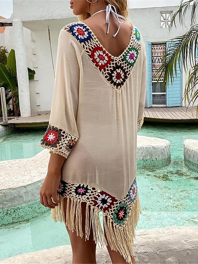 Sexy Boho Patchwork V Neck 3/4 Sleeve Mini Beach Dress - Image 2