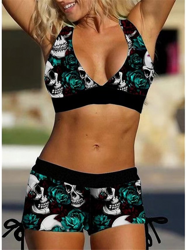 Sexy Plus Size Skull Print V Wire Sleeveless Bikini - Image 1