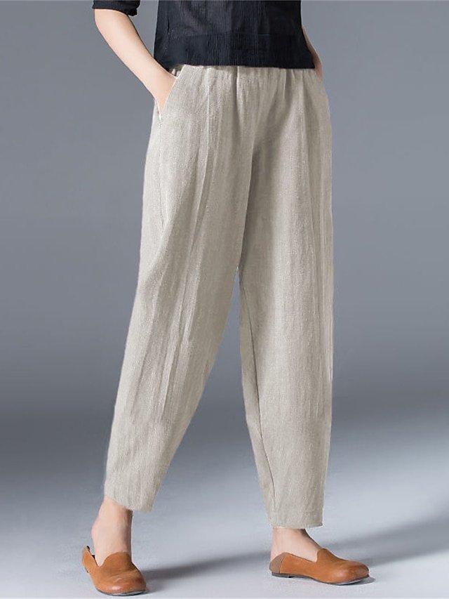 Simple Casual Baggy Plain Mid Waist Ankle-Length Pants - Image 1