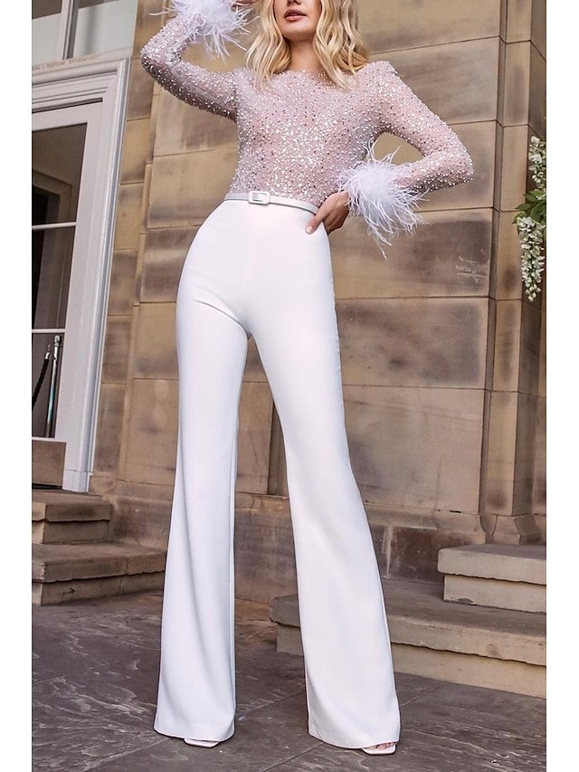 Special Occasion Party Solid Feather Patchwork Wide Leg Long Sleeve Jumpsuit - Image 2