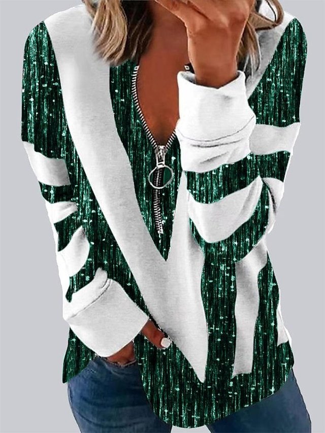 Street Casual Loose Colour Block V Neck Zipper Long Sleeve Sweatshirt - Image 2