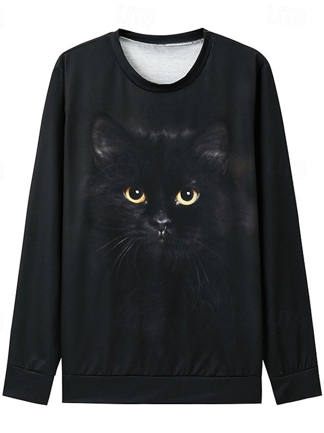 Street Casual Plus Size Cat Print Round Neck Long Sleeve Sweatshirt - Image 2