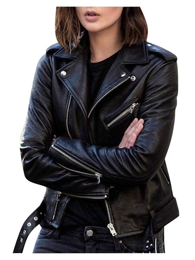 Street Regular Solid Turndown Long Sleeve Short Faux Leather Jacket - Image 1