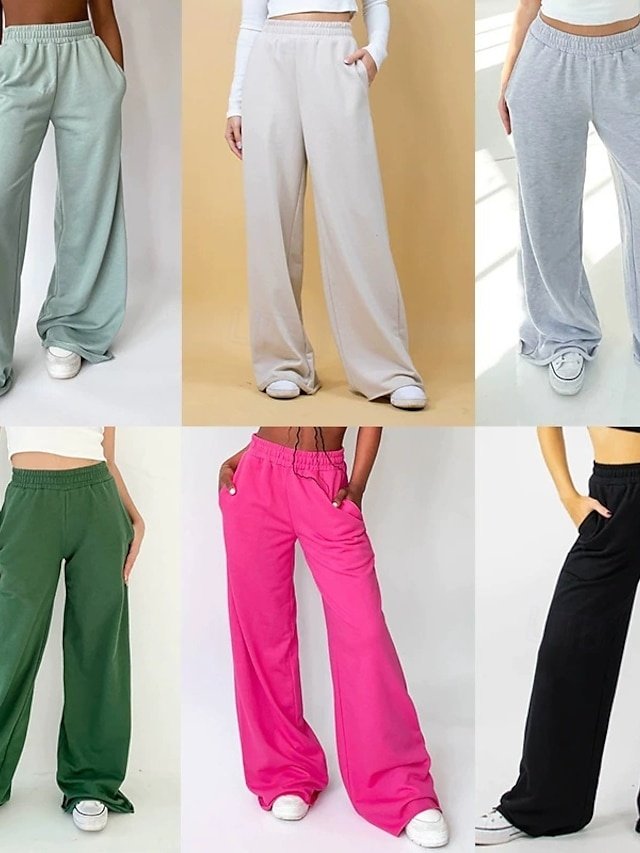 Streetwear Regular Fit Plain Elastic Waist Full Length Wide Leg Trousers - Image 1