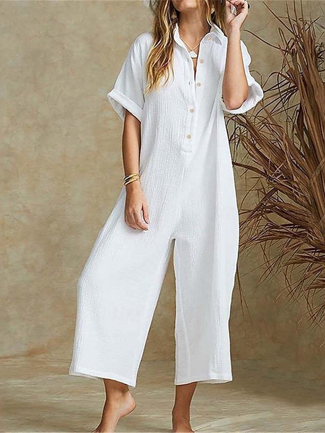 Streetwear Regular Fit Solid Half Sleeve Shirt Collar Jumpsuit - Image 1