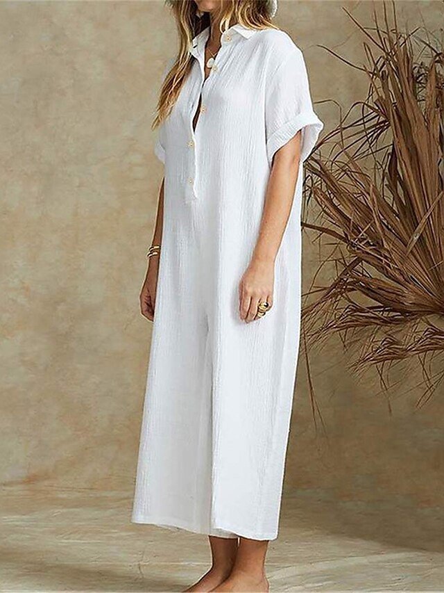 Streetwear Regular Fit Solid Half Sleeve Shirt Collar Jumpsuit - Image 2