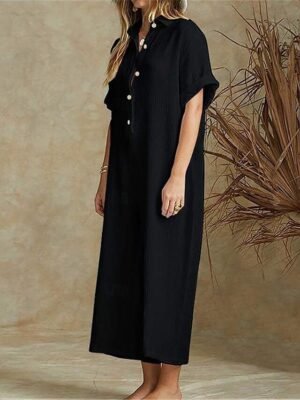 Streetwear Regular Fit Solid Half Sleeve Shirt Collar Jumpsuit - Image 3