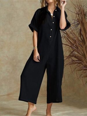 Streetwear Regular Fit Solid Half Sleeve Shirt Collar Jumpsuit - Image 4