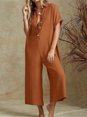 Streetwear Regular Fit Solid Half Sleeve Shirt Collar Jumpsuit - Image 5