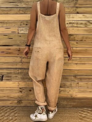 Streetwear Regular Fit Solid Square Neck Sleeveless Cowboy Jumpsuit - Image 3