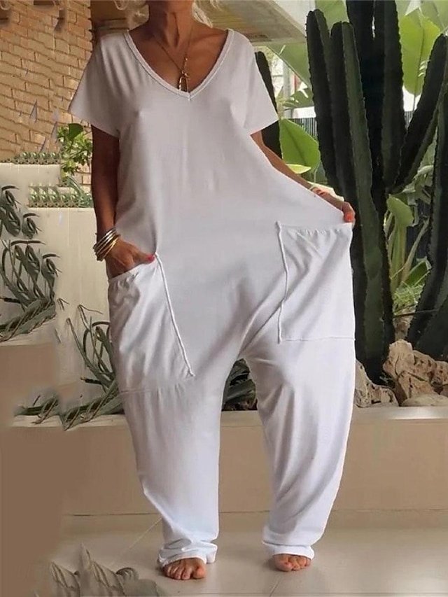 Streetwear Regular Fit Solid V Neck Short Sleeve Jumpsuit - Image 2