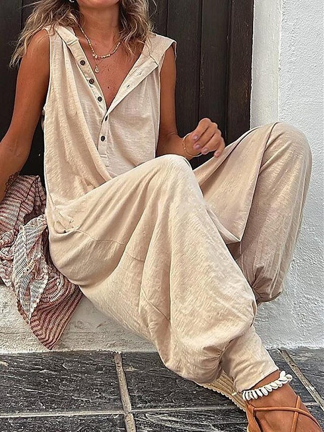 Streetwear Regular Fit Solid V Neck Sleeveless Jumpsuit - Image 2