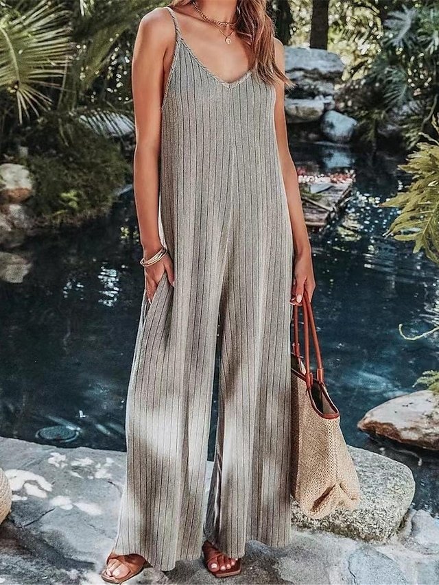 Streetwear Regular Solid V Neck Sleeveless Backless Jumpsuit - Image 1