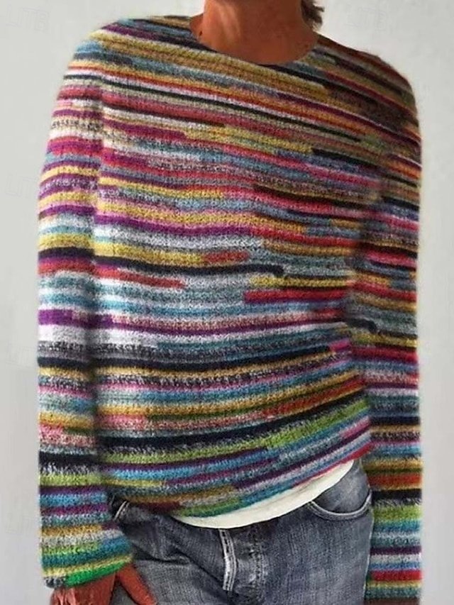 Streetwear Regular Striped Crew Neck Long Sleeve Knit Top - Image 1