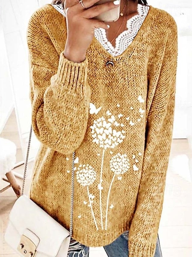 Stylish Casual Butterfly V Neck Long Sleeve Pullover Sweater - Image 1