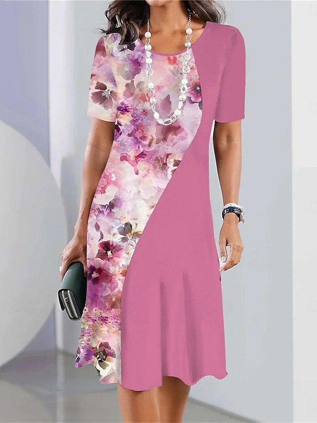Stylish Casual Floral Crew Neck Short Sleeve Midi Dress - Image 1