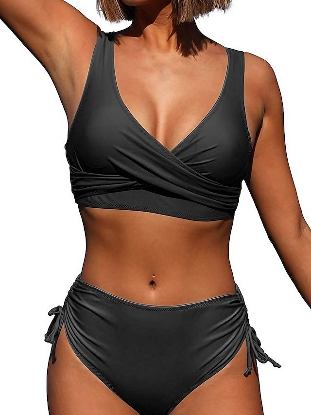Stylish Fitted Solid V Wire Sleeveless High Waist Bikini - Image 1