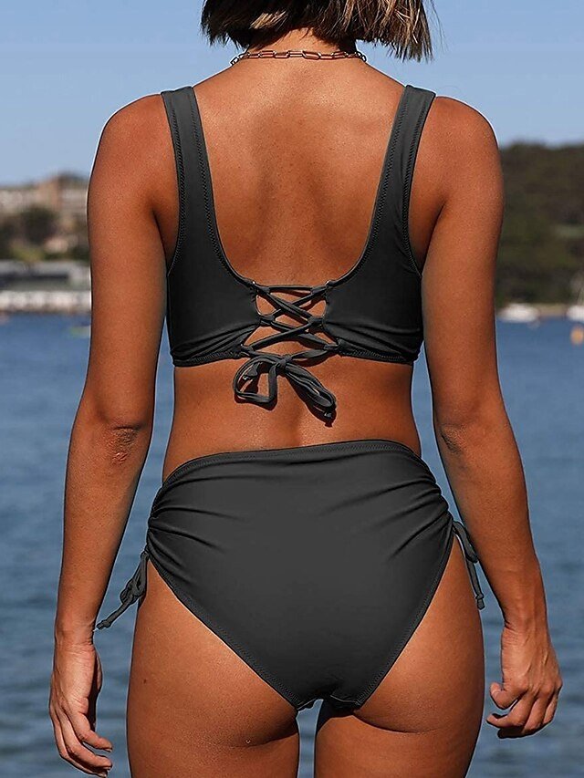 Stylish Fitted Solid V Wire Sleeveless High Waist Bikini - Image 2