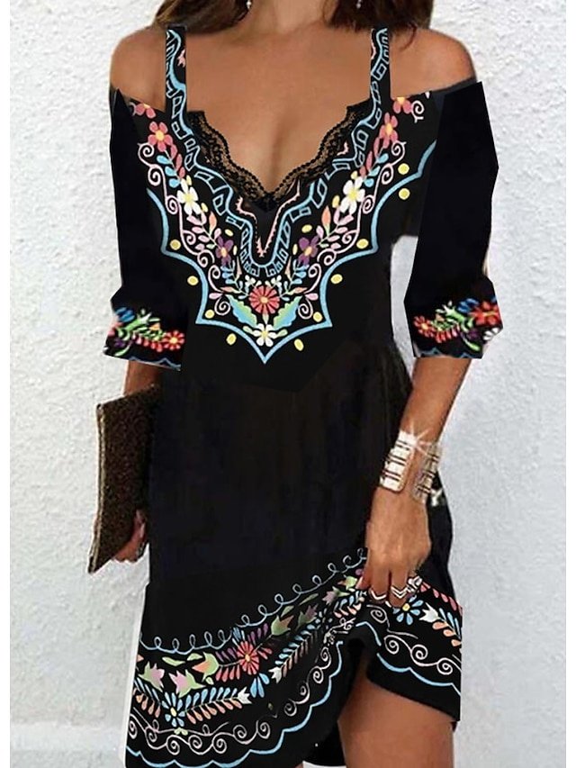 Stylish Loose Pure Colour V Neck 3/4 Sleeve Mini Dress - Image 1