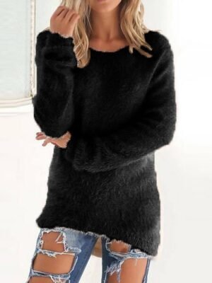 Stylish Oversized Solid Crew Neck Long Sleeve Knit Jumper - Image 15