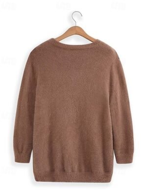Stylish Oversized Solid Crew Neck Long Sleeve Knit Jumper - Image 25