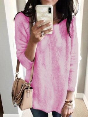 Stylish Oversized Solid Crew Neck Long Sleeve Knit Jumper - Image 33