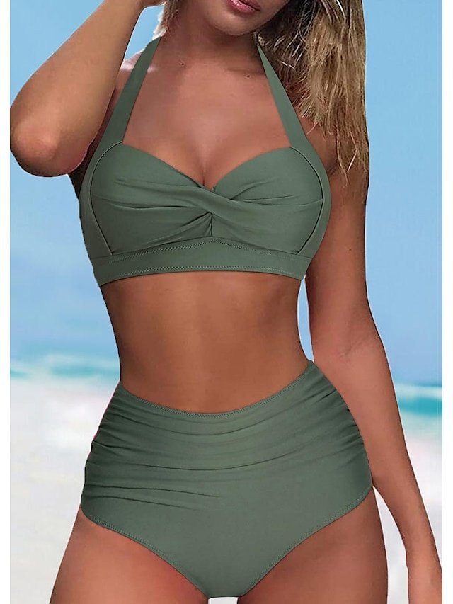 Stylish Push Up Halter Plain Sleeveless Bikini Set - Image 1