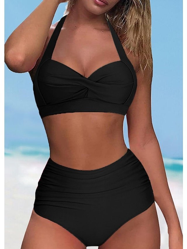 Stylish Push Up Halter Plain Sleeveless Bikini Set - Image 2