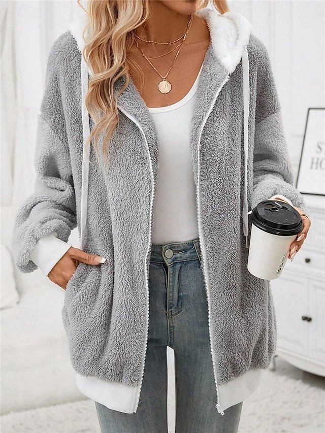 Stylish Regular Fit Plain Hoodie Long Sleeve Teddy Coat - Image 1