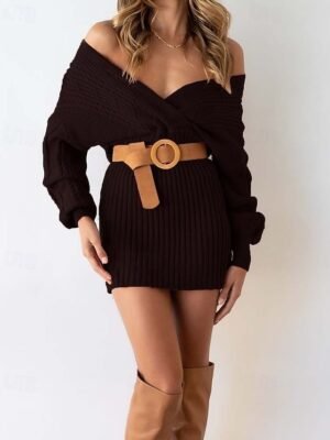 Stylish Regular Solid V Neck Bishop Sleeve Knit Sweater Dress - Image 2